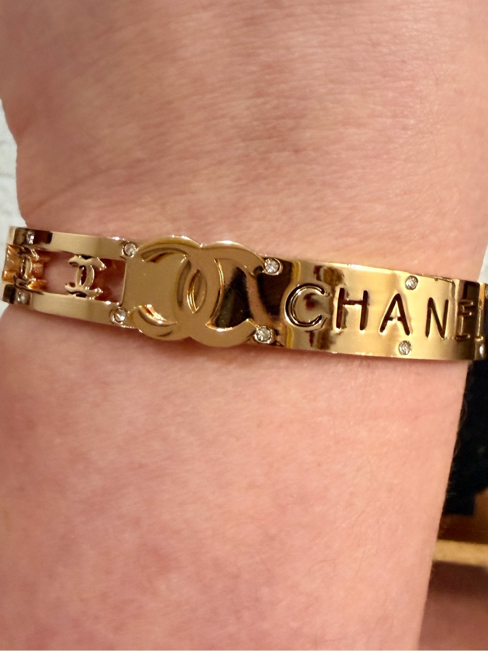 Gold-Tone | NEW Stainless Steel Logo Crystal Accent Bangle - Picture 7 of 11